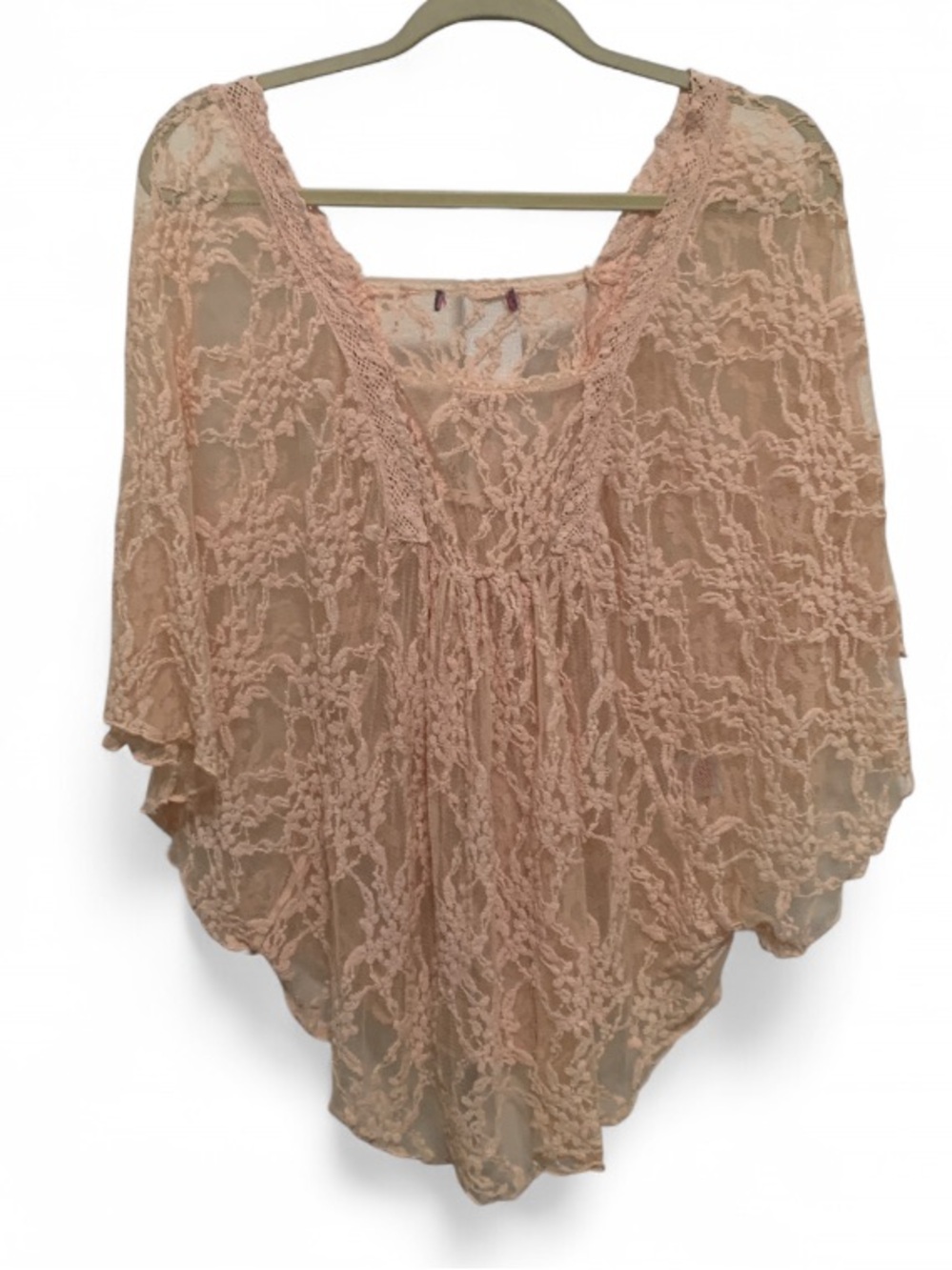 Y2K Style Sheer Light Pink Lace Semi Sheer V-Neck Poncho Whimsy Fairy Top